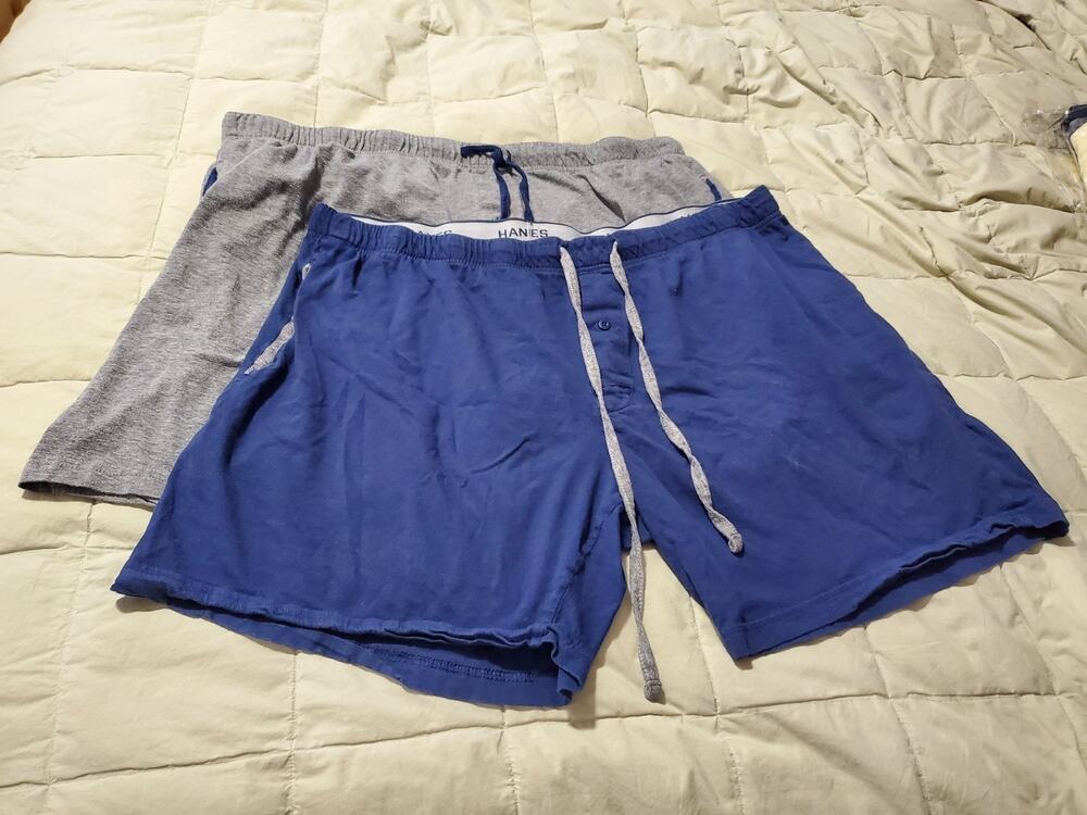 Lot 2 Hanes Mens 2XL Lounge Pajama Sleep Shorts Blue Gray Elastic Waist Pockets